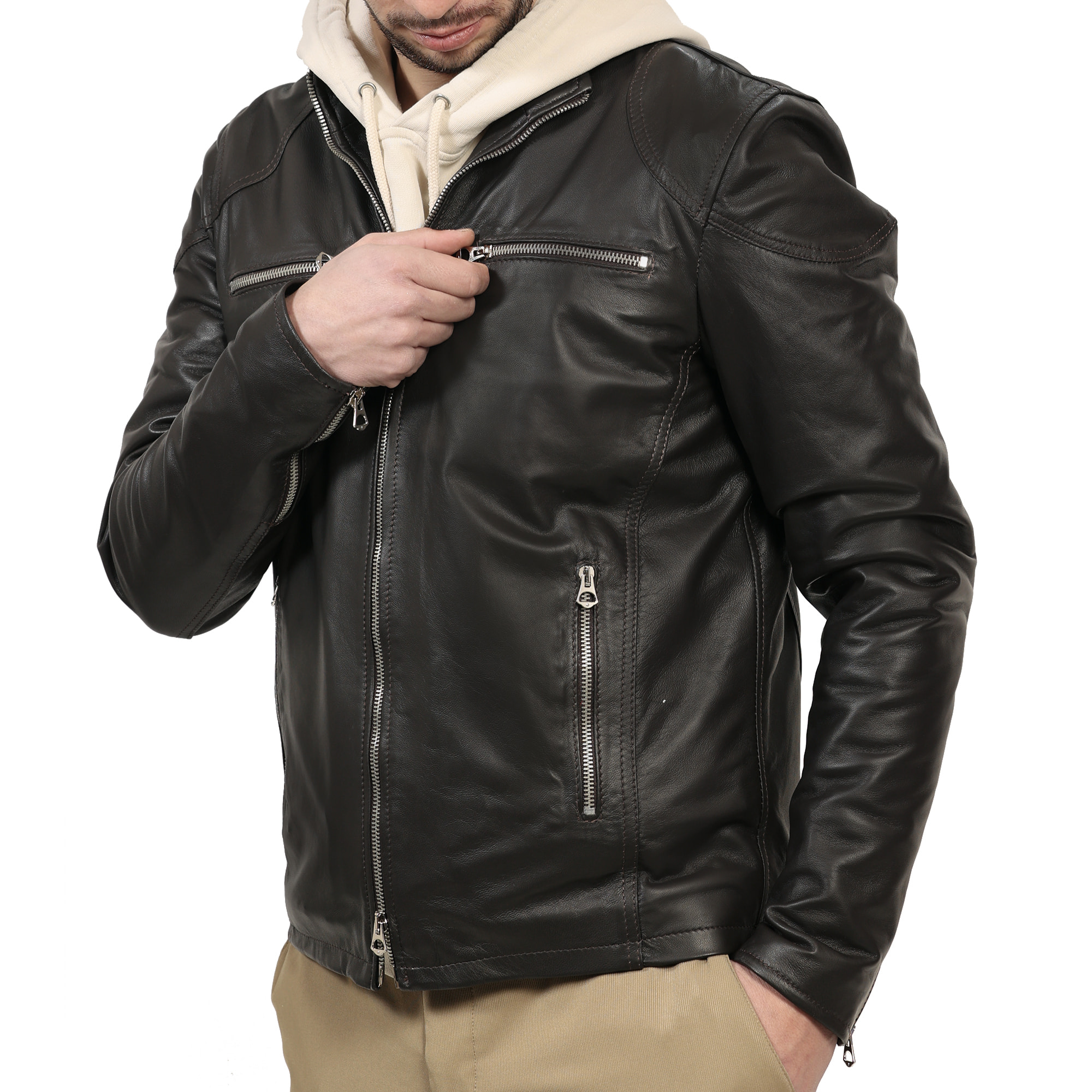 Giubbino in pelle di vitello nappa Marrone-Slim Fit