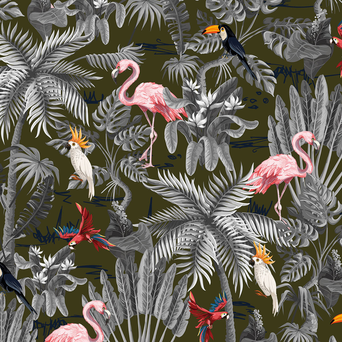 Papier peint panoramique flamants tropicaux Intissé