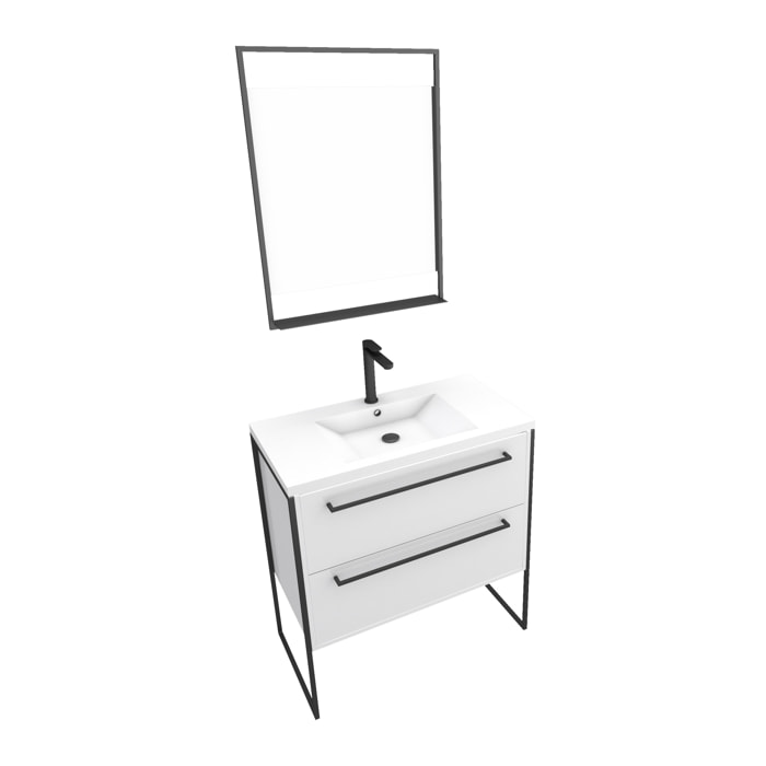 Pack meuble de salle de bain 80x50cm Blanc - 2 tiroirs - vasque blanche et miroir noir mat LED