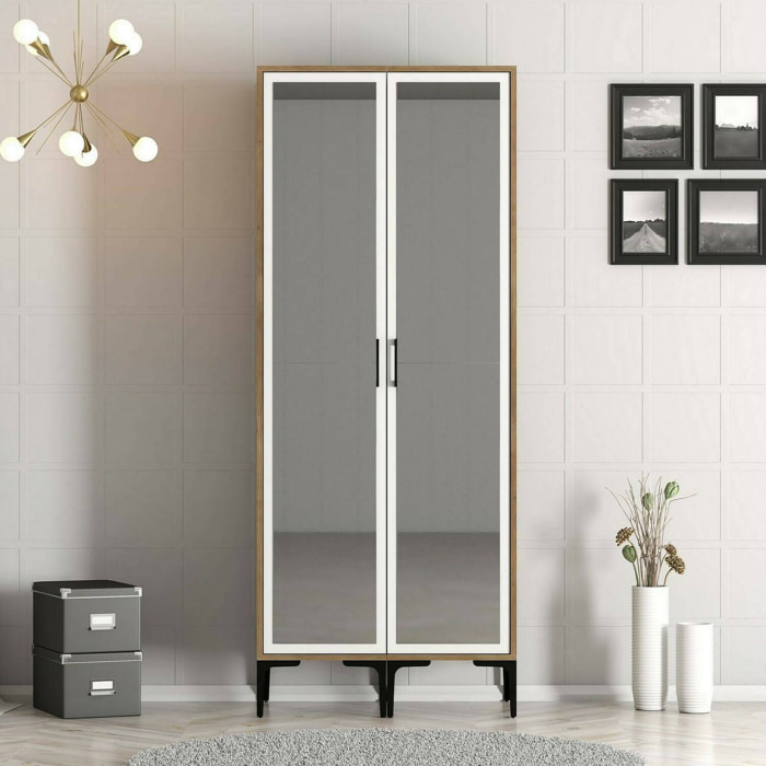 Guardaroba 2 ante Bagnone, Mobile camera da letto, Cabina armadio portabiti, Armadio appendiabiti, 80x201h48 cm, Noce e Bianco