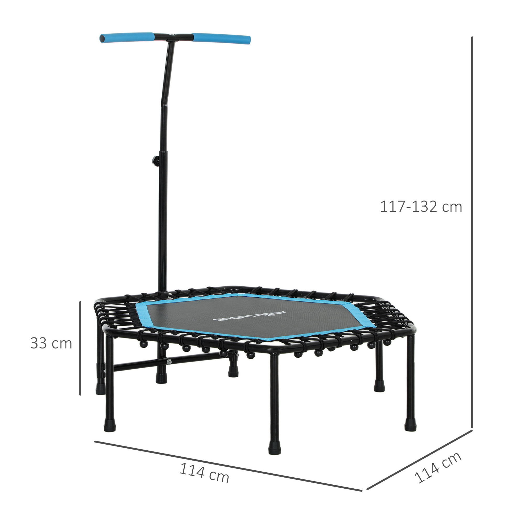 Trampolín de Fitness 114x114x132 cm Cama Elástica Fitness con Mango Ajustable de 3 Niveles Marco de Acero para Entrenamiento Piernas Cuerpo en Hogar Oficina Gimnasio Azul