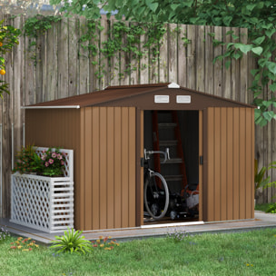 Abri de jardin - remise pour outils - cabanon double porte coulissante - fondation incluse - dim. 277L x 191l x 192H cm - tôle d'acier ondulée terracotta