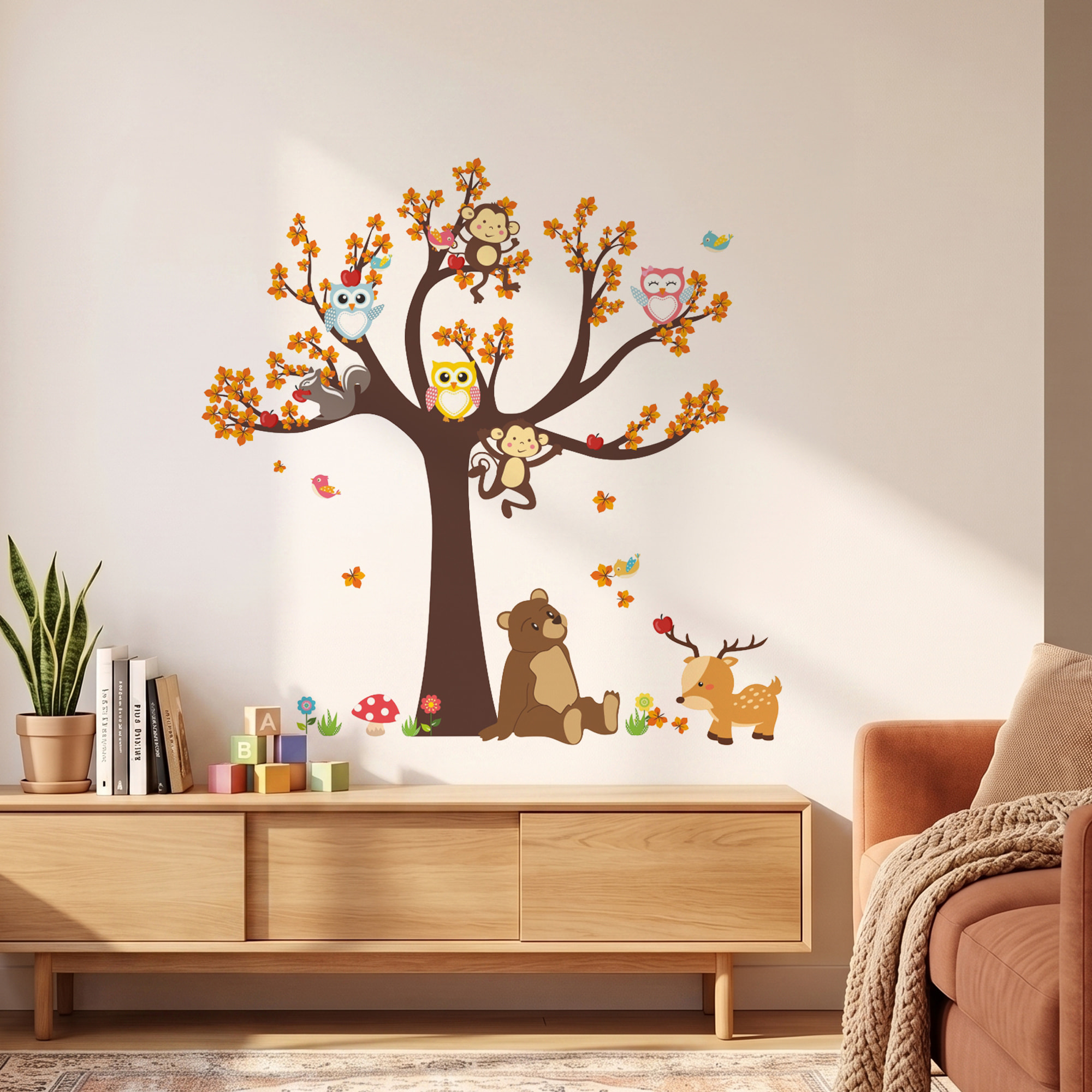 Stickers Muraux décoration adhésifs arbre géant avec hibou, singe et ours