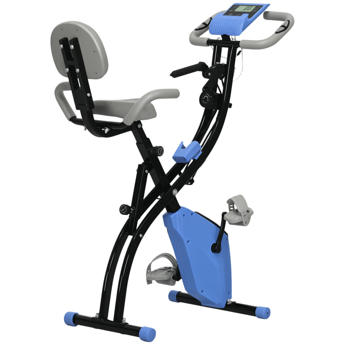 Bicicleta Estática Plegable 3 en 1 con Respaldo y 8 Niveles Resistencia Magnética, Bicicleta Estática para Casa Ajustable con Monitor LCD Volante Banda Sensor de Pulso Soporte de Teléfono Azul