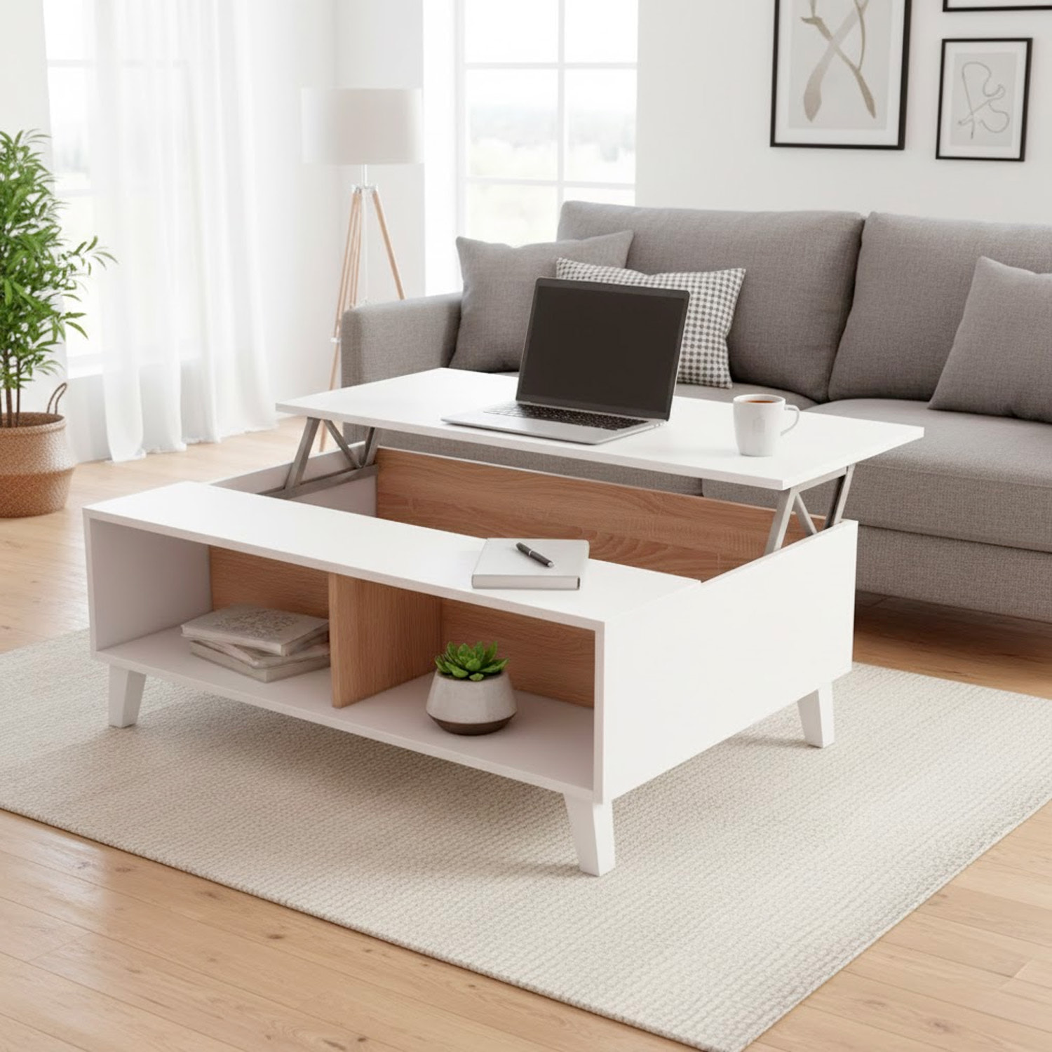 Tavolino Da Caffè Tavolo Basso Con Piano Sollevabile Da Salotto Soggiorno Moderno Con Ripiani Salvaspazio Design 100 x 68 x 38–50 Cm Bianco E Rovere