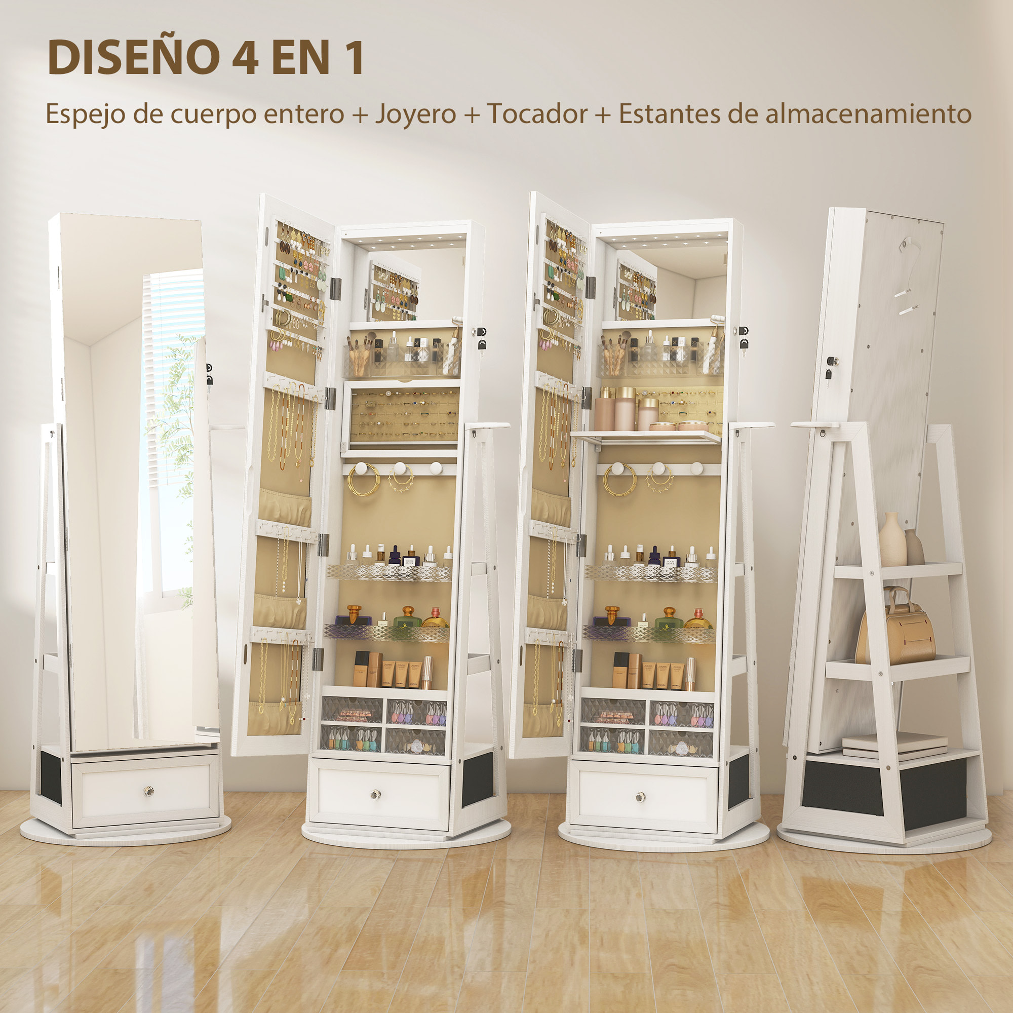 Espejo Joyero con Luces LED, Armario para Joyas, Armario Joyero con Espejo Entero, Giratorio de 360°, Cajón, Cerradura, Estantes Abiertos, Soporte para Secador, Blanco