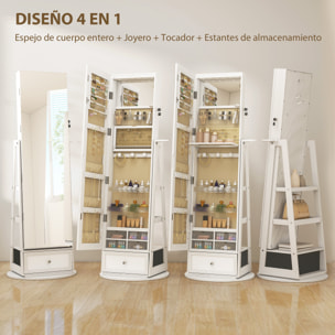 Espejo Joyero con Luces LED, Armario para Joyas, Armario Joyero con Espejo Entero, Giratorio de 360°, Cajón, Cerradura, Estantes Abiertos, Soporte para Secador, Blanco