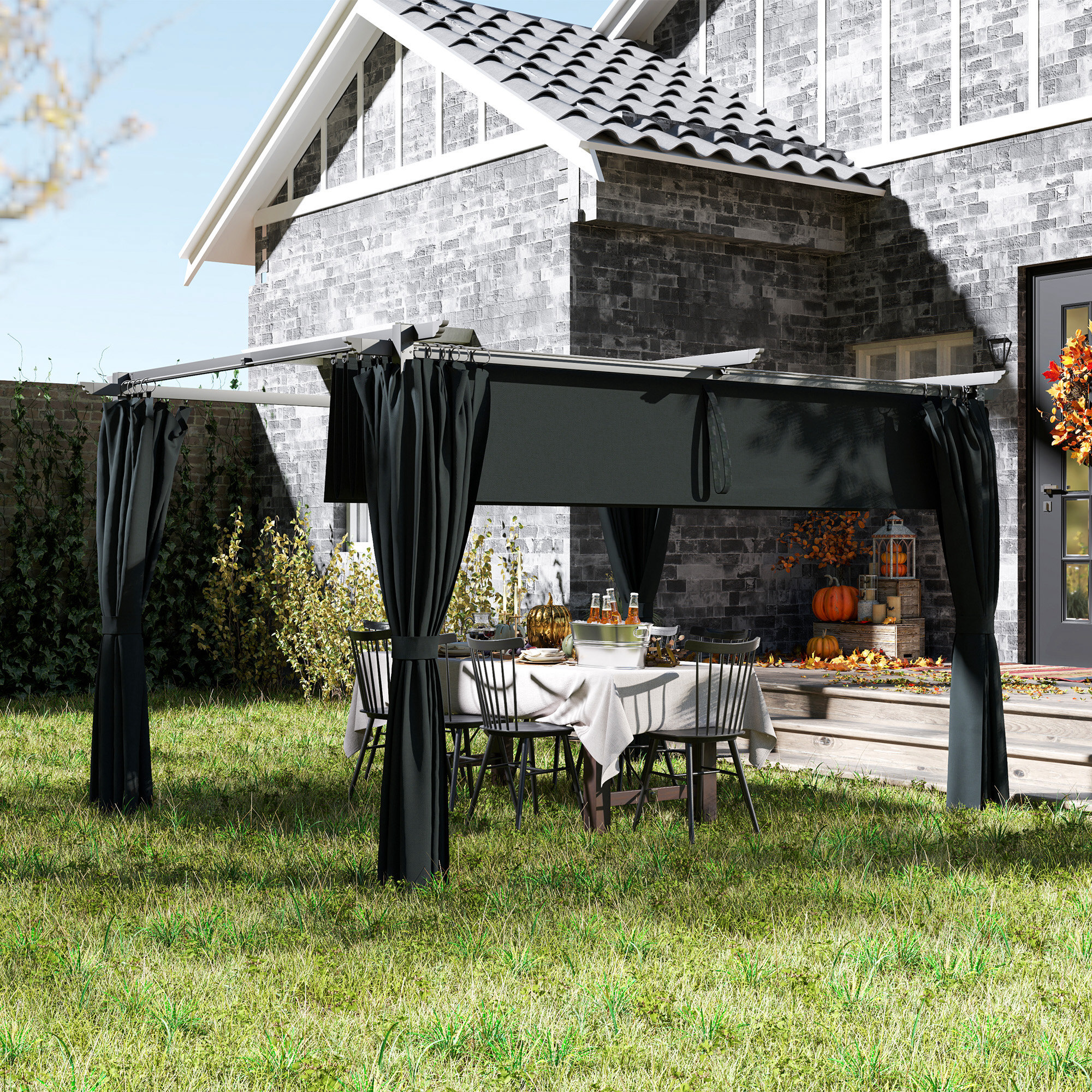 Pergola 3 x 4 m toile toit rétractable 4 rideaux ajustables métal noir polyester haute densité 180g/m² anthracite