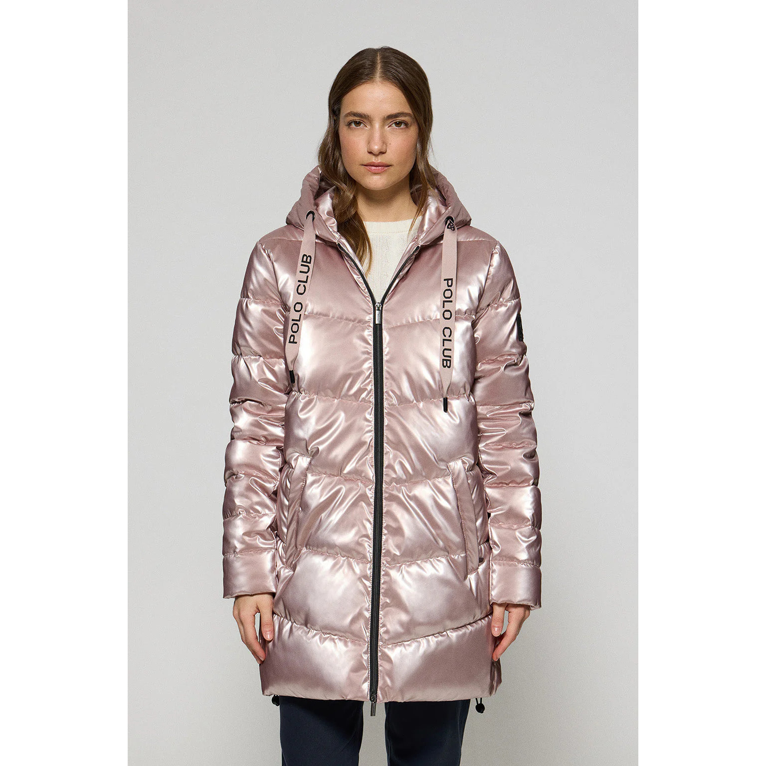 Giaccone Cetele rosa metallizzato con cappuccio fisso e particolari Polo Club