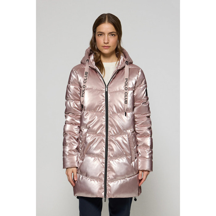 Giaccone Cetele rosa metallizzato con cappuccio fisso e particolari Polo Club