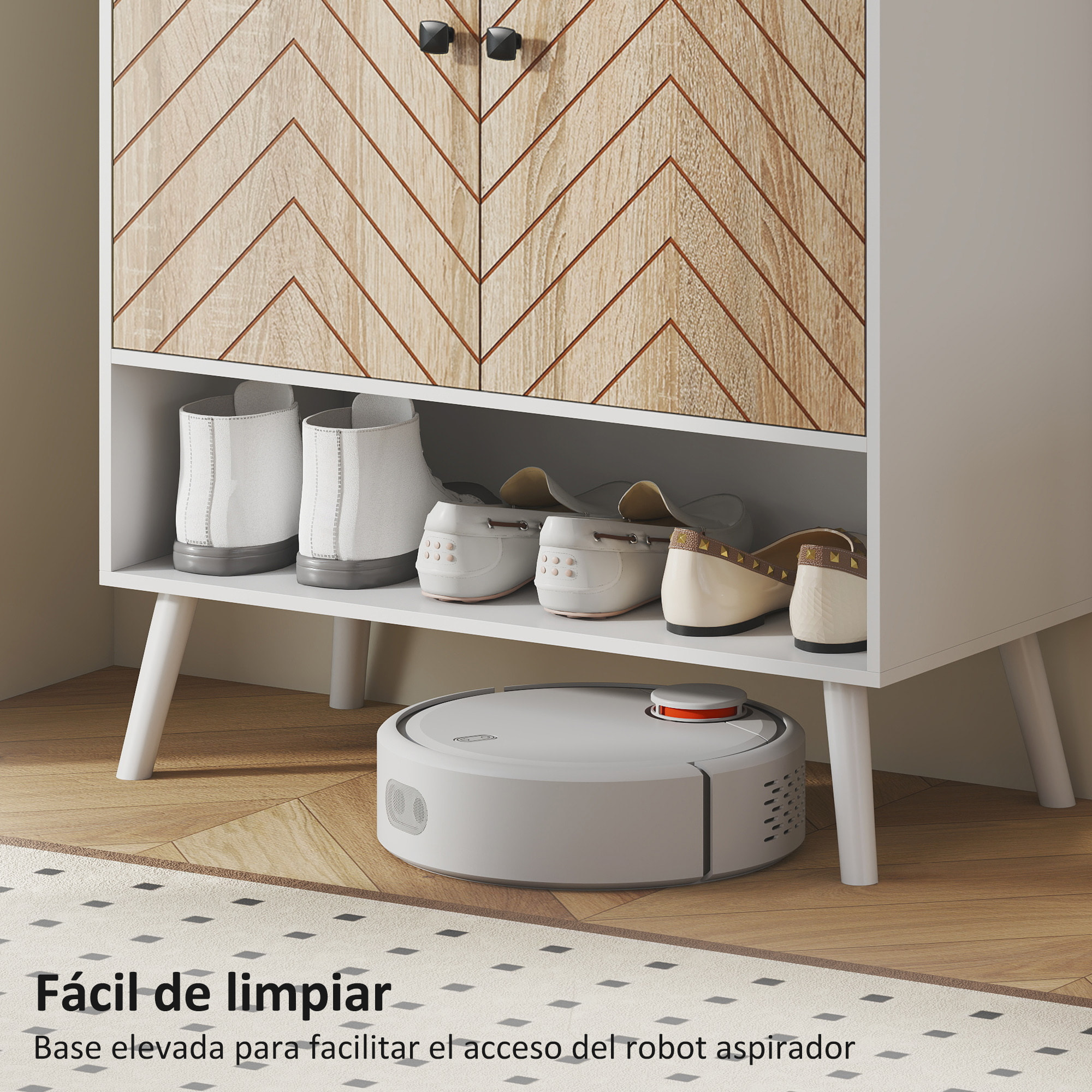 Zapatero de 2 Puertas con Diseño en Espiga, Zapatero Entrada Recibidor con Estantes Ajustables, Compartimento Abierto, para 15 Pares de Zapatos, 75x35x97 cm, Blanco y Natural