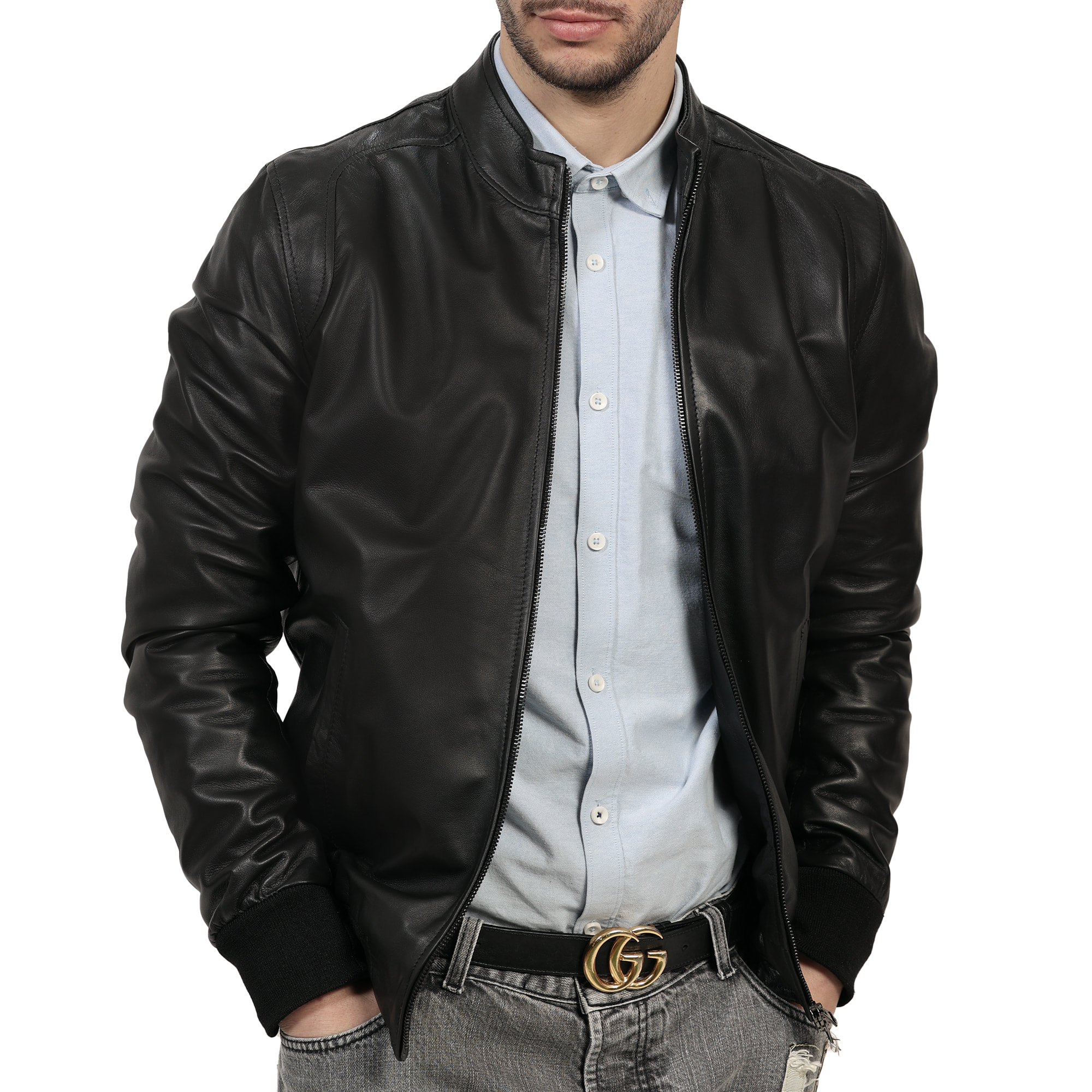 Giubbino in vera pelle di vitello Nero-Slim Fit