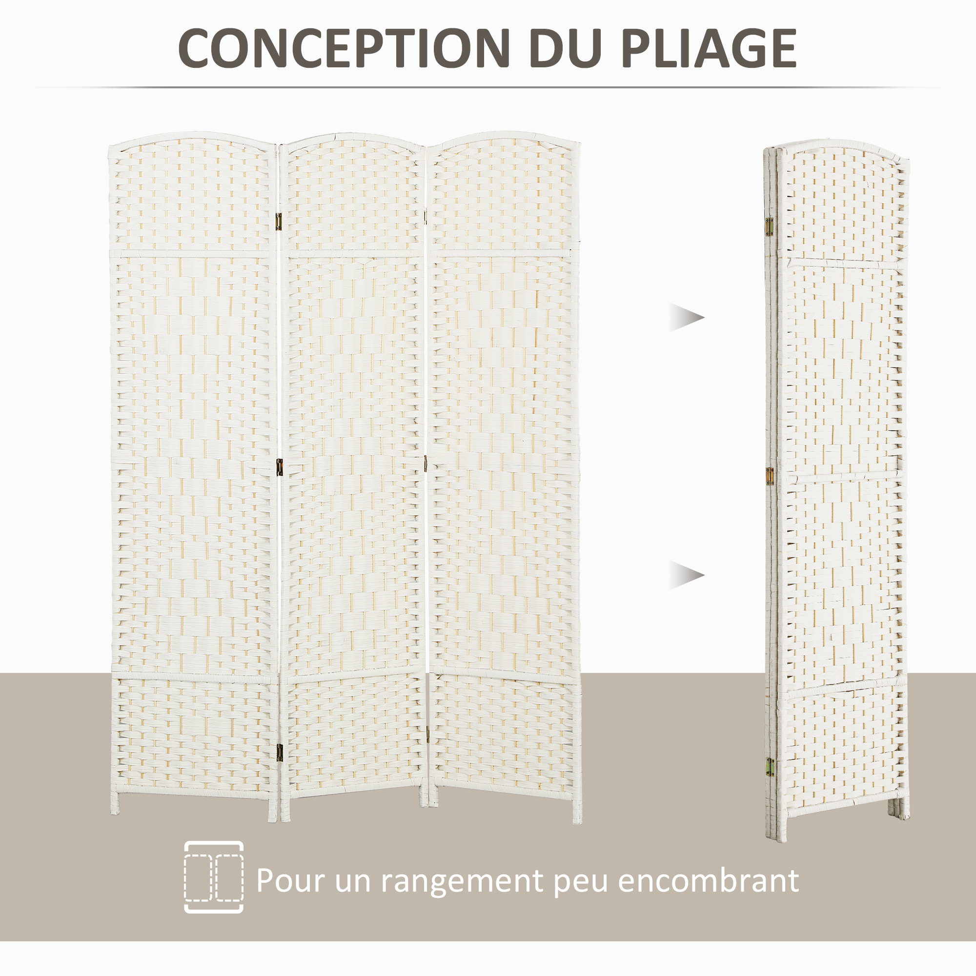 Paravent intérieur 3 panneaux pliables en bois séparateur de pièce style bohème tissé blanc
