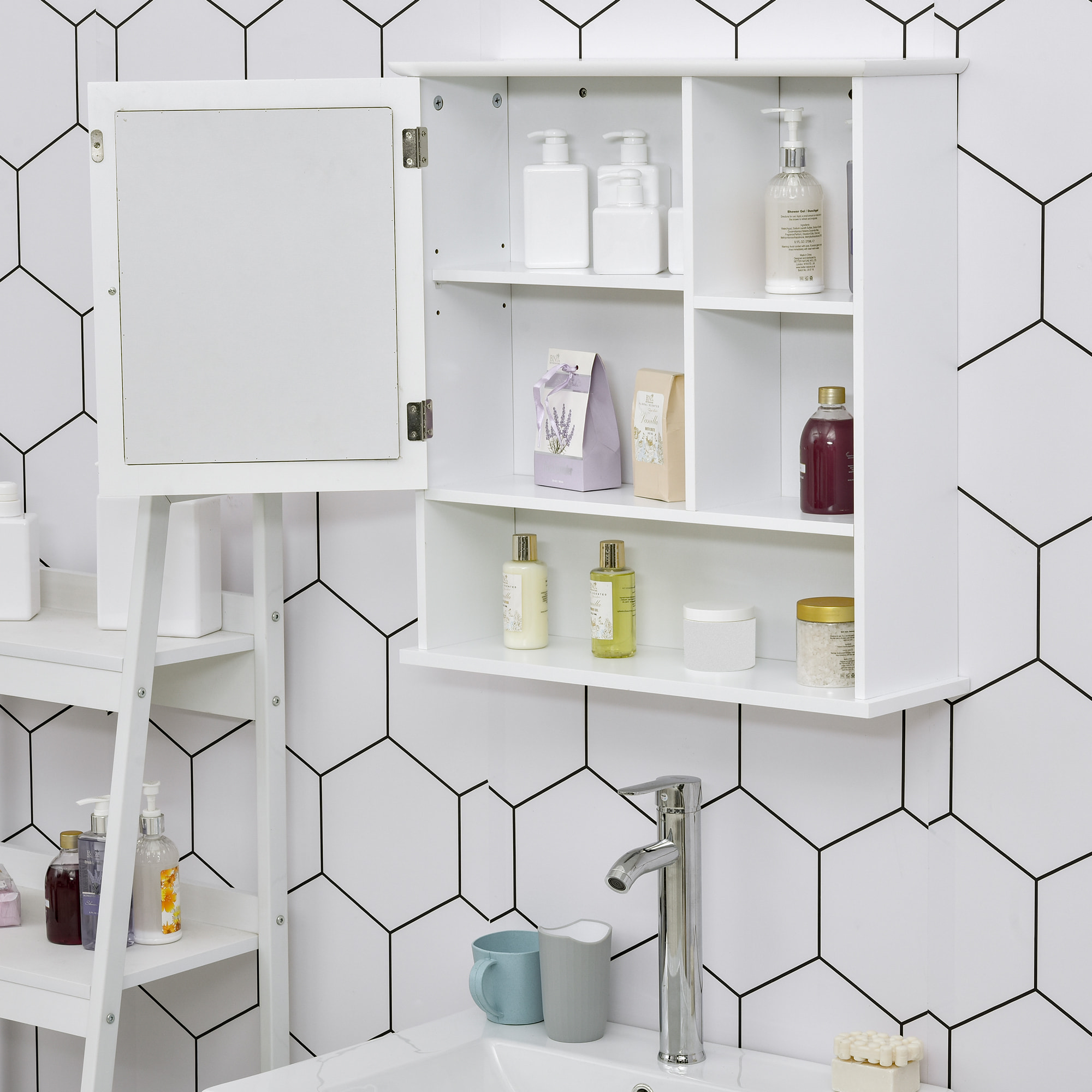 Armoire murale salle de bain armoire à glace placard de rangement toilettes 1 porte niche + étagères latérales MDF blanc