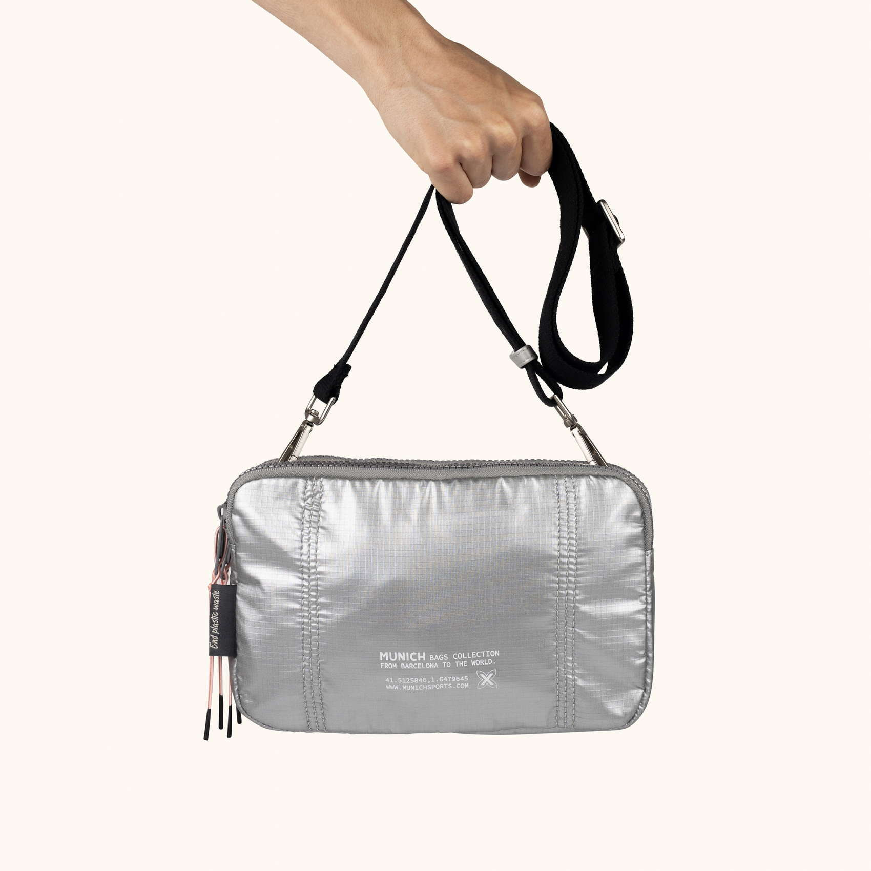 Bolso Bandolera Doble Metalizado en Poliamida Reciclada DEEP RECYCLED CROSSBODY DOUBLE PLATA