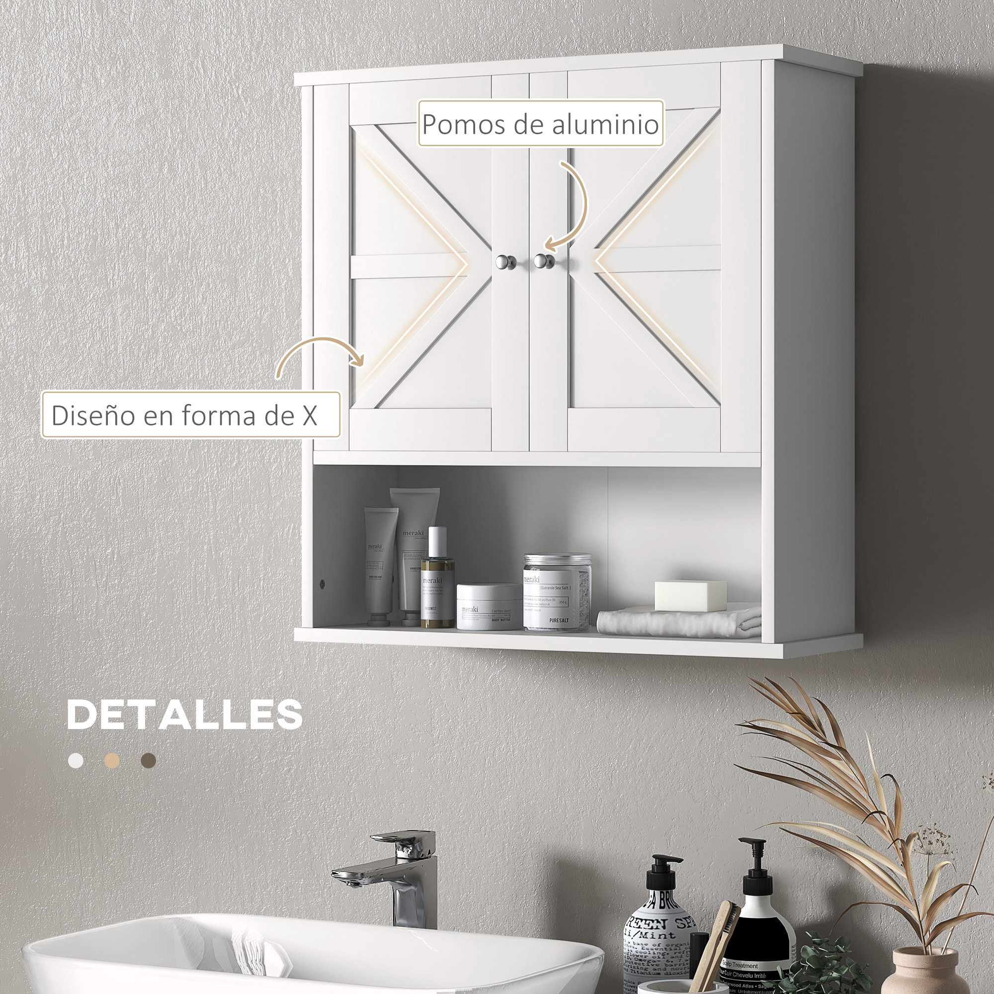 Armario de Baño de Pared, Mueble de Baño Colgar Rústico con Compartimento, Estante Ajustable, 2 Puertas, para Cocina, Lavadero, sobre el Inodoro, Blanco