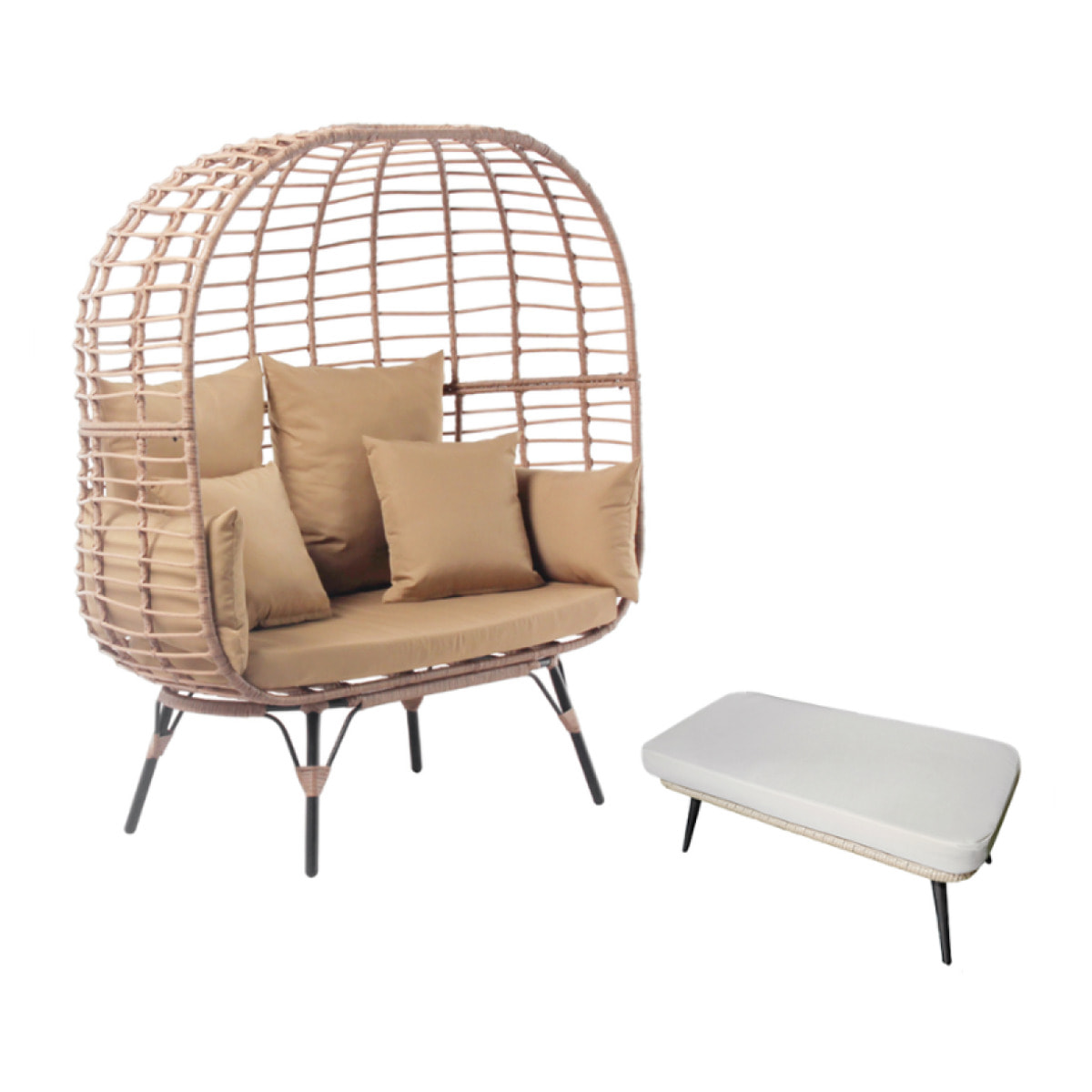 Ensemble fauteuil sur pied effet rotin et repose-pieds avec coussin beige JIMMY