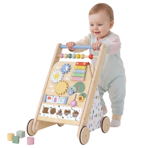 Andador Madera Bebé, Caminador Bebé con Juguetes Montessori, Centro de Actividades, Control de Velocidad, con 5 Bloques, Ruedas, Regalo para Niños de +18 Meses y Altura +75 cm Natural