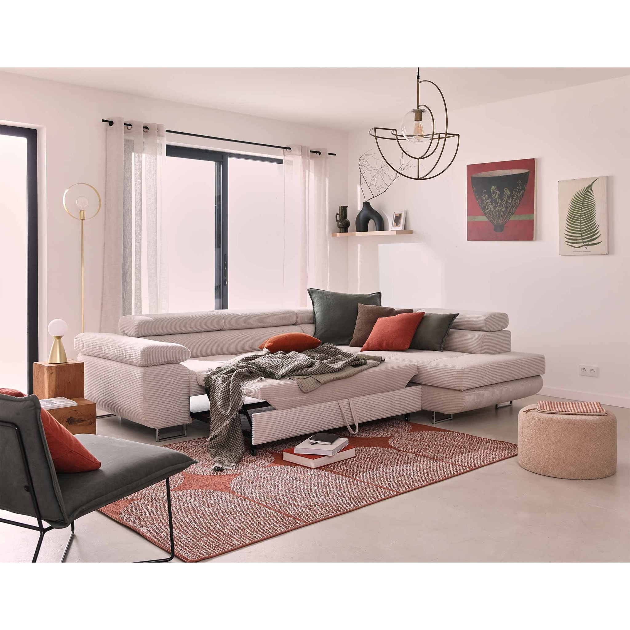 Zaria - canapé d'angle droit - convertible avec coffre et têtières réglables - 5 places - en velours côtelé - Beige