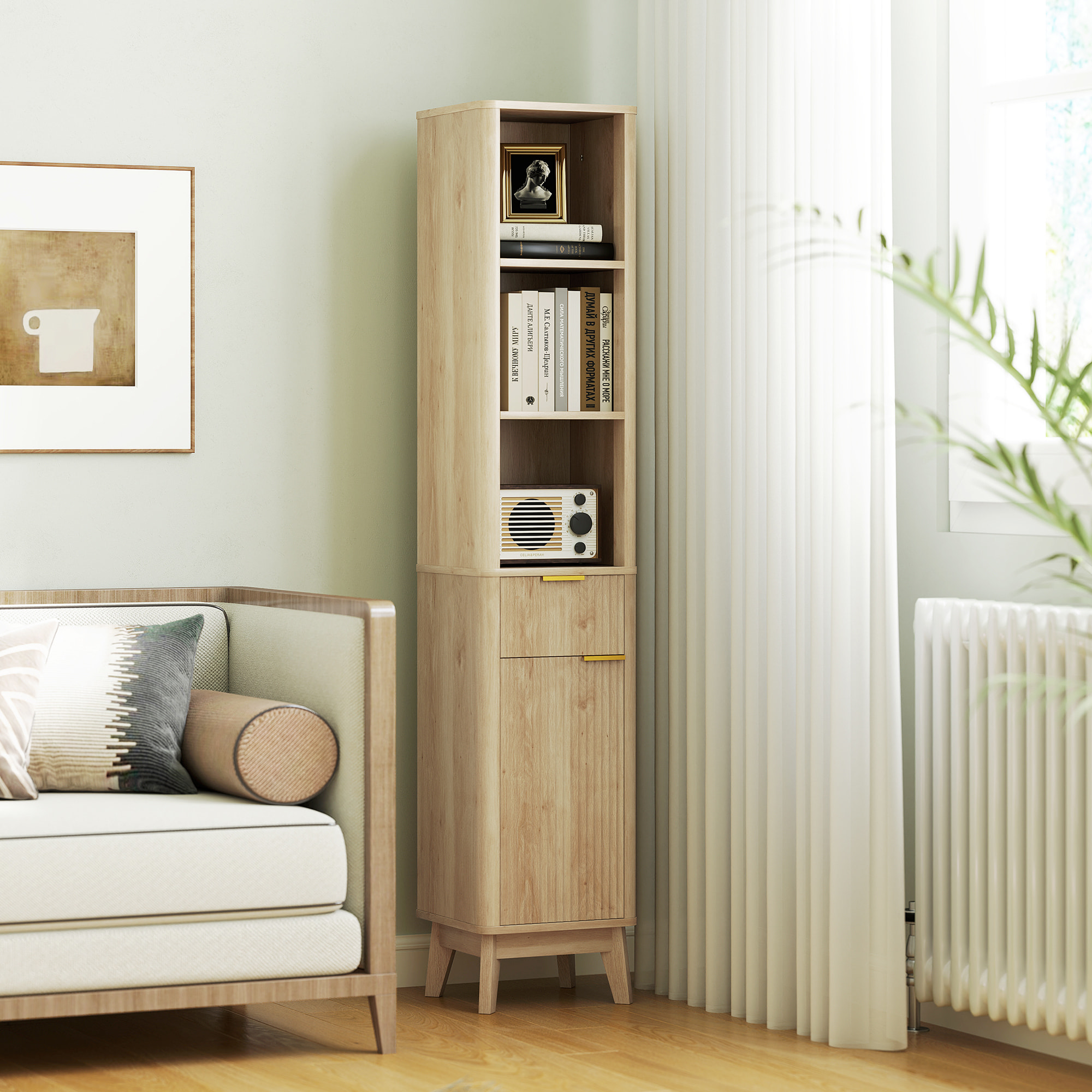 Columna de Baño Mueble de Baño Estrecho con Puerta de Acanalado Cajón 3 Compartimentos Abiertos y Estantes Ajustables Armario Alto de Baño Moderno 33x30x170 cm Natural