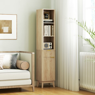 Columna de Baño Mueble de Baño Estrecho con Puerta de Acanalado Cajón 3 Compartimentos Abiertos y Estantes Ajustables Armario Alto de Baño Moderno 33x30x170 cm Natural