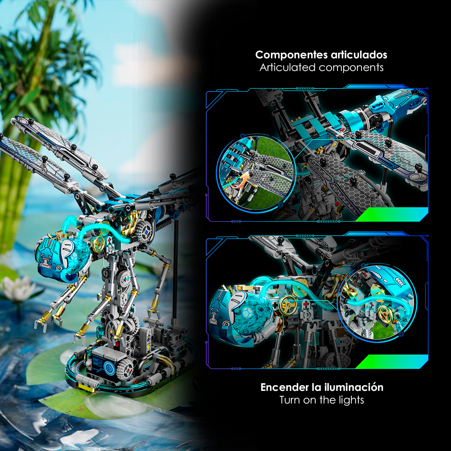 Maqueta 3D mecanizada de libélula con 866 piezas, equipada con luces y mecanismo de manivela que permite movimiento dinámico.