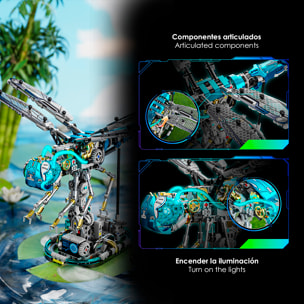 Maqueta 3D mecanizada de libélula con 866 piezas, equipada con luces y mecanismo de manivela que permite movimiento dinámico.
