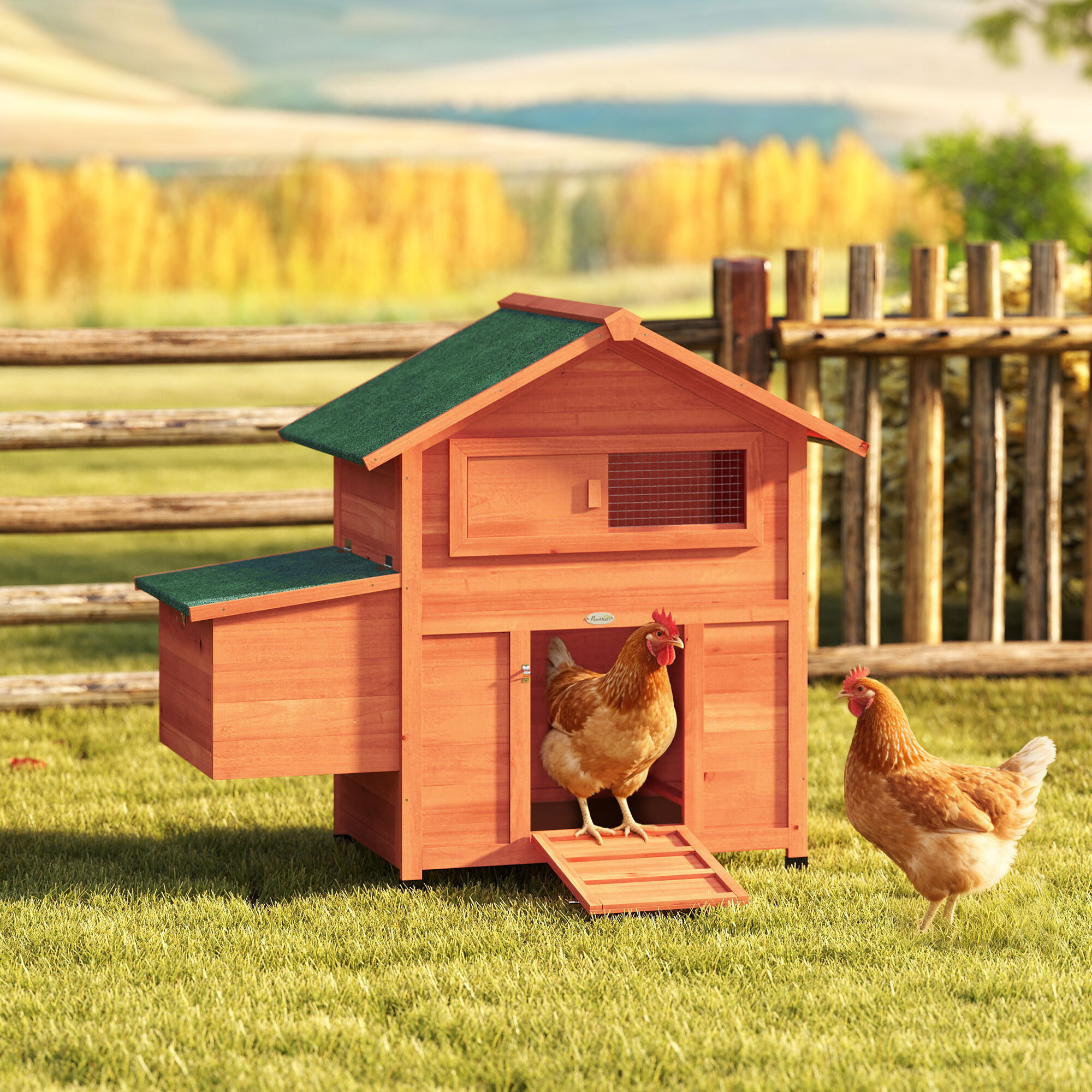 Gallinero para Exterior de Madera, 113,5x67,5x95,5 cm, Gallinero con Nido, Bandeja Extraíble, Techo Impermeable, Ventana Deslizante, Rampa, Perchas, Jaula para 2 Gallinas o Conejos, Naranja