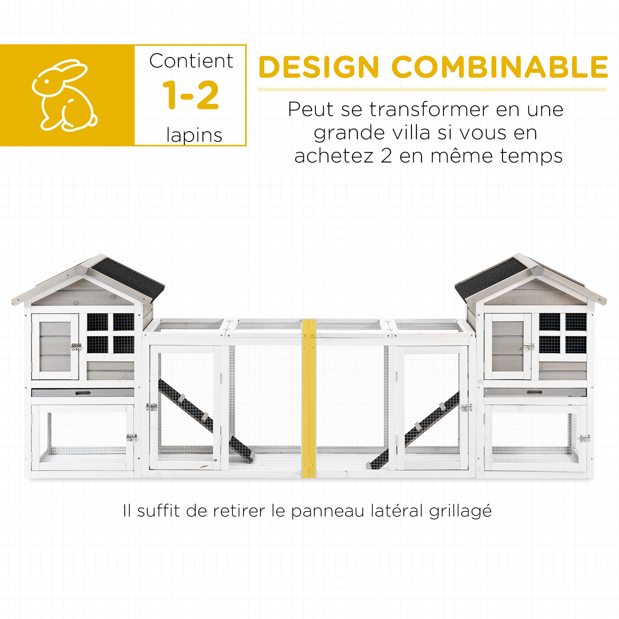 Clapier cage à lapins cottage - niche supérieure avec rampe et enclos extérieur - plateau excrément, toit bitumé, 4 portes verrouillables - bois sapin blanc gris