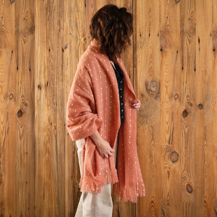 Chemin de lit / Étole aspect mohair à pois - Terracotta