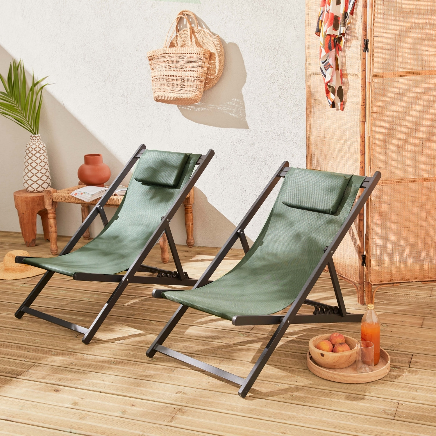 Lot de 2 bains de soleil kaki - Transat en aluminium avec coussin repose tête. chilienne