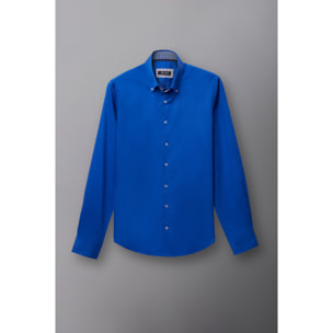 Camicia Uomo 2 Bottoni Button Down Slim Satin Unito Celeste Cadetto