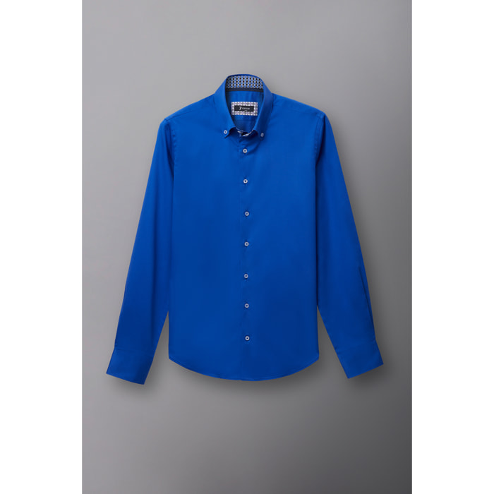 Camicia Uomo 2 Bottoni Button Down Slim Satin Unito Celeste Cadetto