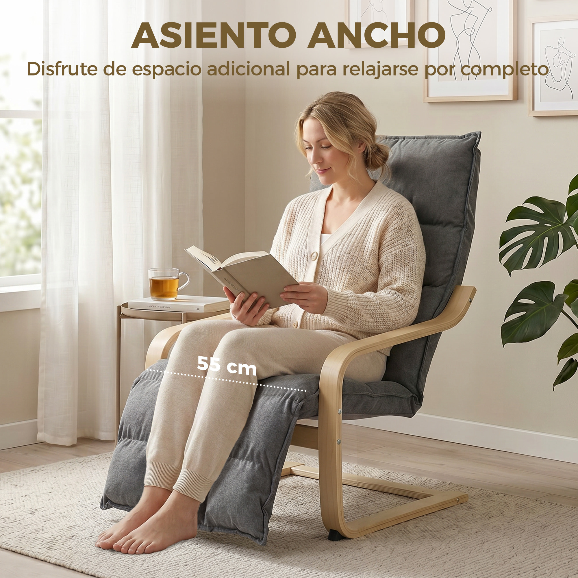 Sillón de Salón con Reposapiés, Butaca de Salón Tapizada en Lino con Balanceo Suave, Respaldo Alto, Asiento Amplio, Sillón de Relax para Dormitorio, Oficina, Estudio, Gris