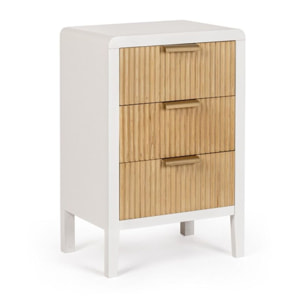 Comodino CHARLEY in legno bianco e 3 cassetti in legno naturale paulownia, 40x30x62 cm