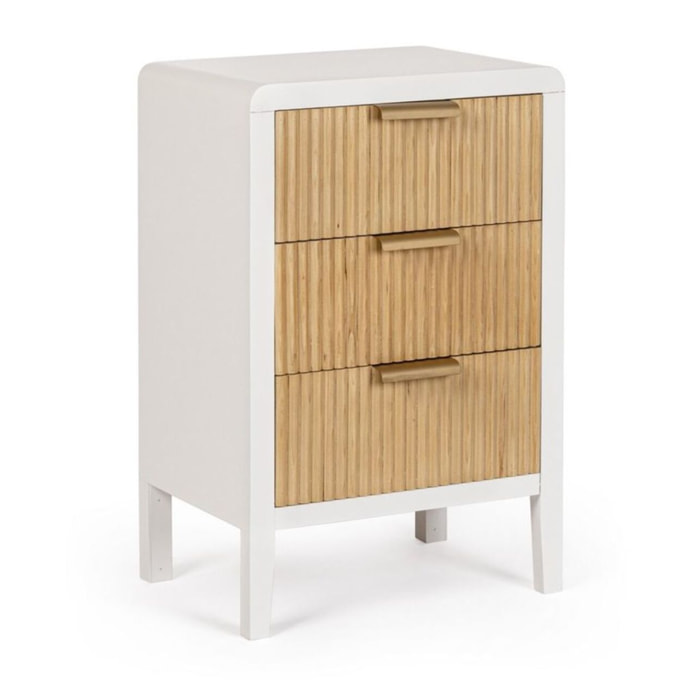 Comodino CHARLEY in legno bianco e 3 cassetti in legno naturale paulownia, 40x30x62 cm