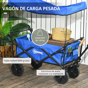 Carro Plegable con Toldo Desmontable Carro de Jardín con Longitud y Ángulo del Mango Ajustables y Bolsa de Transporte Carga 100 kg Azul