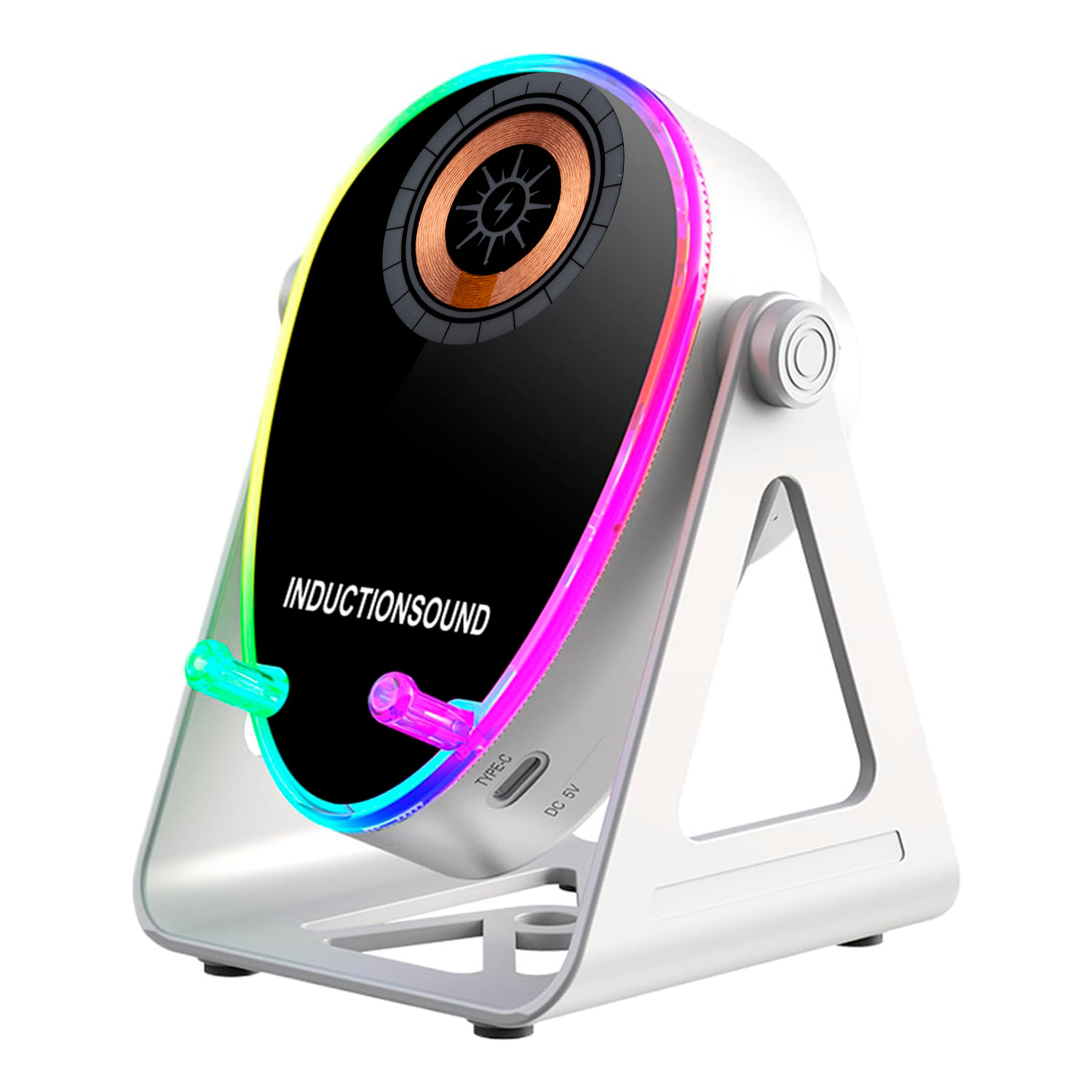 Altavoz H68 con tecnología de inducción inteligente que amplifica el sonido al colocar el móvil encima. Con Bluetooth, carga inalámbrica de 15W y luces LED multicolor.