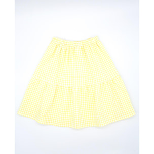 Falda midi cuadro vichy amarillo. Hecha de volantes, elastica en la cintura.