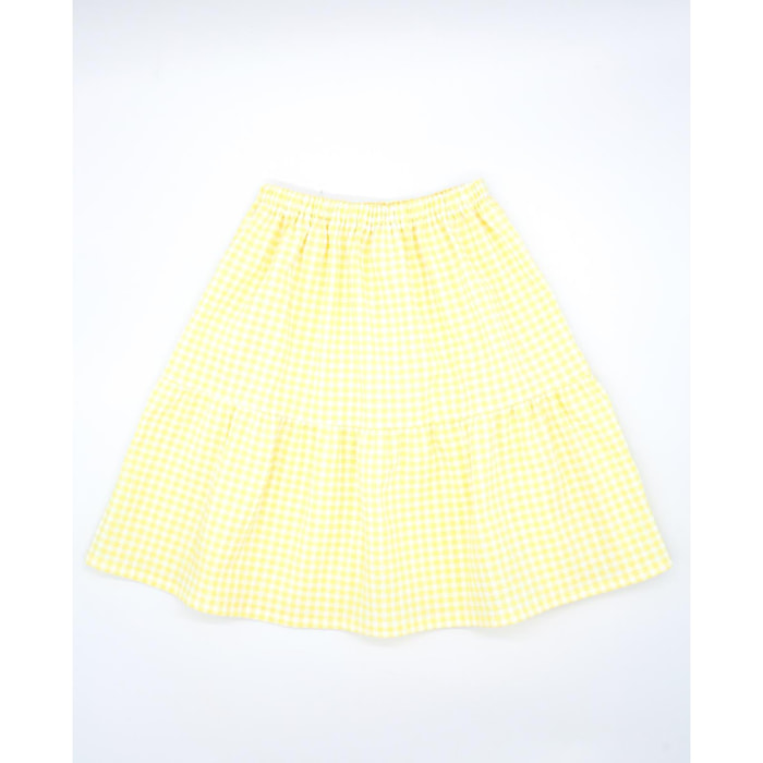 Falda midi cuadro vichy amarillo. Hecha de volantes, elastica en la cintura.