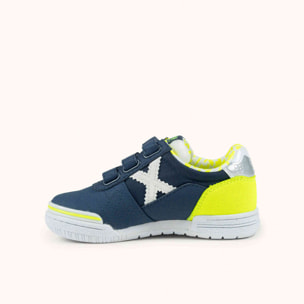 MUNICH G-3 KID VCO 459 Zapatillas Infantiles de Fútbol Sala Azul Petróleo con Talón Amarillo Flúor y Triple Velcro