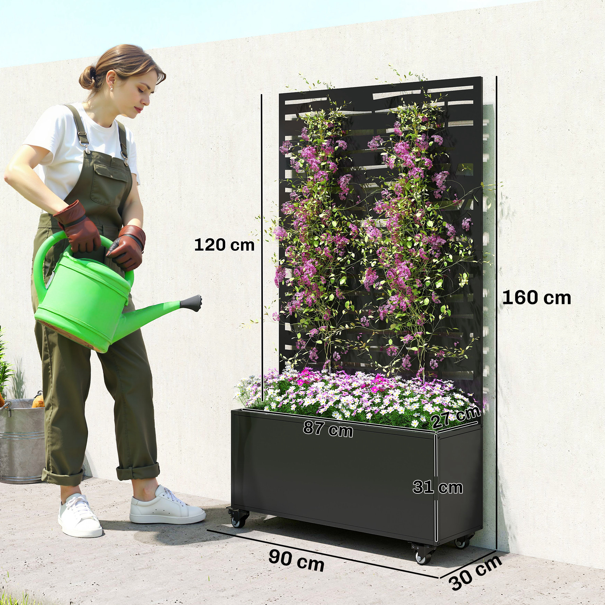 Jardinière mobile treillis haut design graphique  90 x 30 x 160 cm métal époxy noir