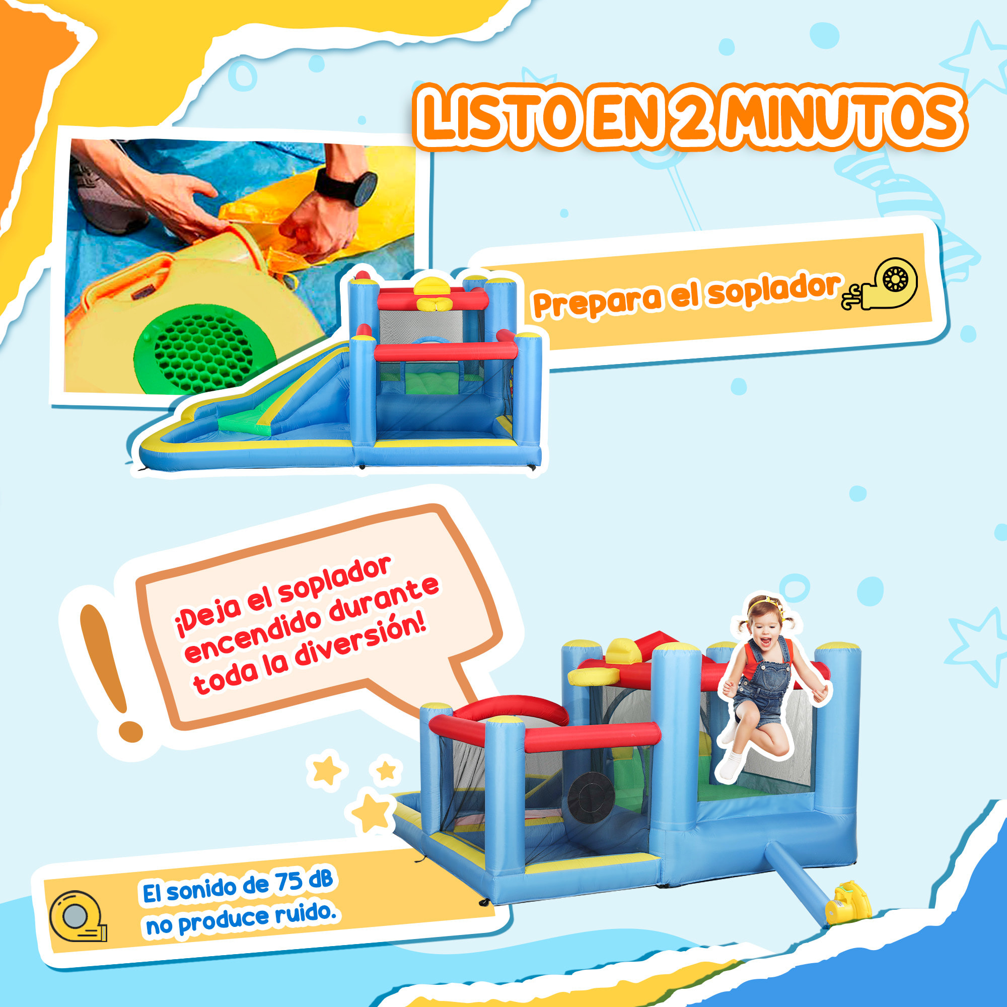 Castillo Hinchable con Soplador 5 en 1 Parque Acuático Hinchable para Niños con Tobogán Piscina Diana y Canasta para Exterior Interior 385x290x180 cm
