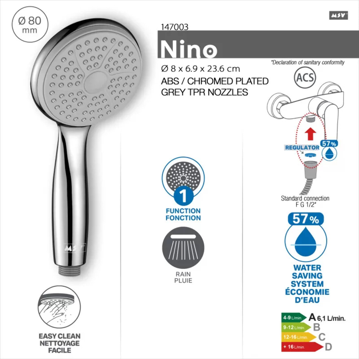 Pommeau de douche Nino Ø80 mm – Chrome / Gris TPR – Jet pluie économique