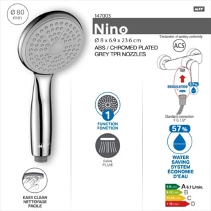 Pommeau de douche Nino Ø80 mm – Chrome / Gris TPR – Jet pluie économique
