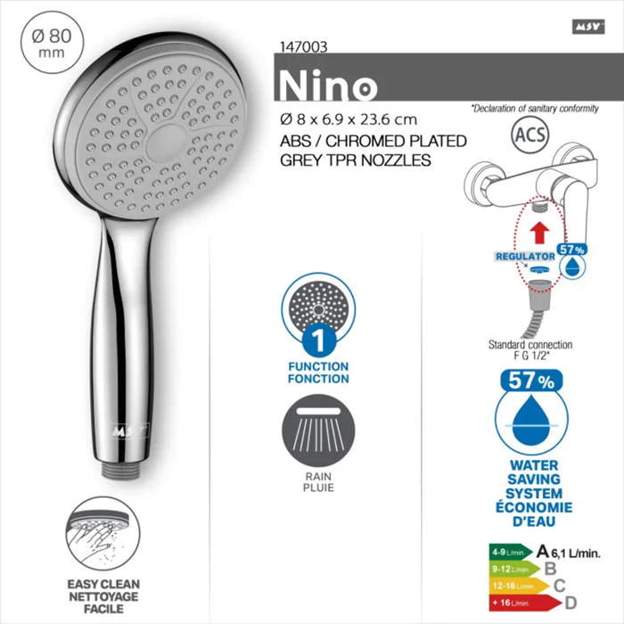 Pommeau de douche Nino Ø80 mm – Chrome / Gris TPR – Jet pluie économique
