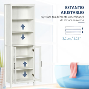 kleankin Armario Alto de Baño con 2 Puertas de Vidrio y 3 Estantes Abiertos Columna Auxiliar de Baño para Salón Aseo Dormitorio Estilo Moderno 53x30x162 cm Blanco