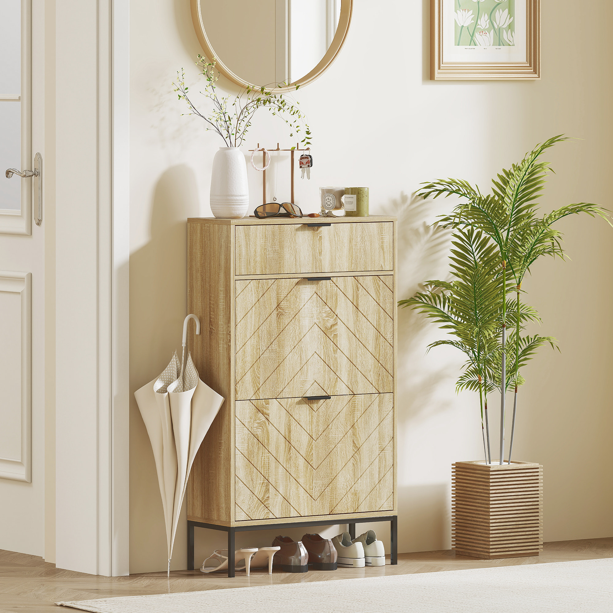 Zapatero Estrecho con 2 Puertas Zapatero Entrada Recibidor con Cajón y Estantes Ajustables para 8 Pares de Zapatos 60x24x105,5 cm Roble