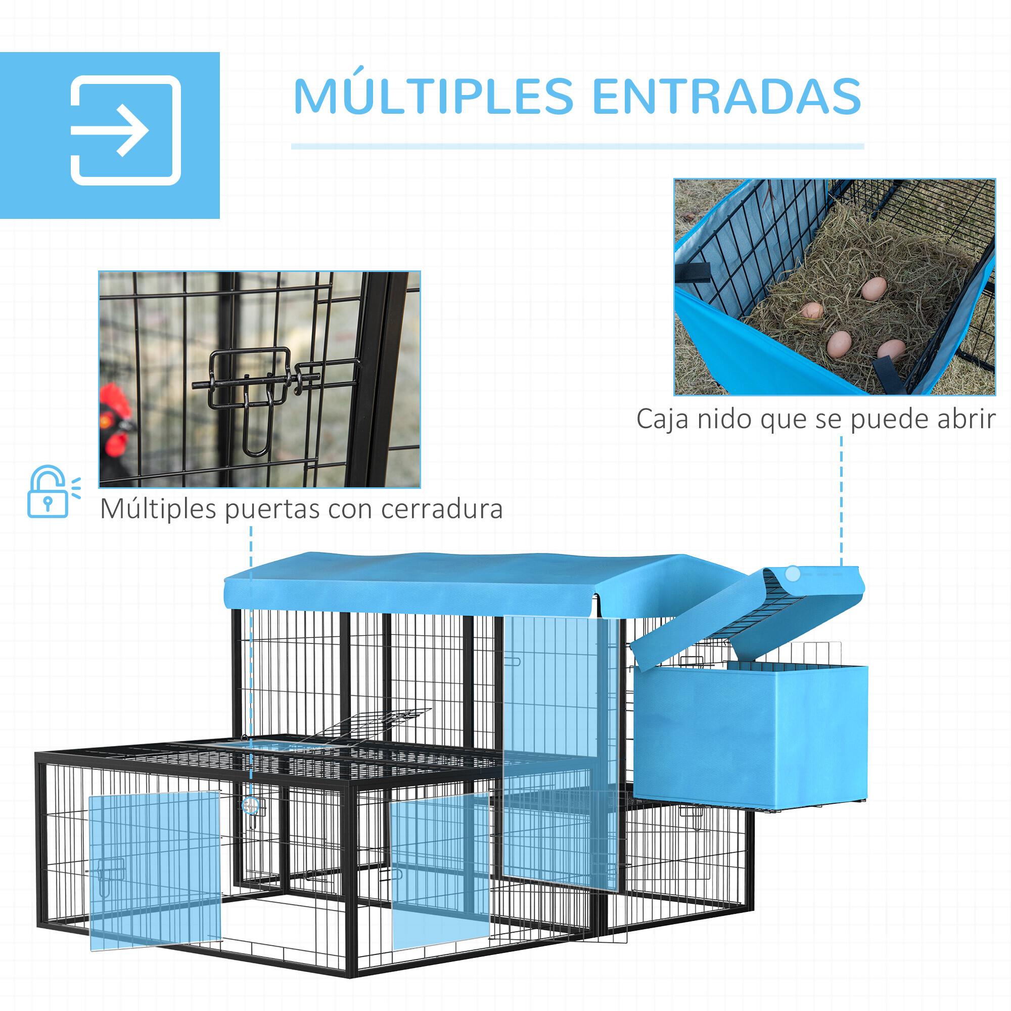 Gallinero para Exterior de Acero Jaula para 6-10 Gallinas con Toldo Corral de Alambre Independiente Nido Múltiples Puertas y Plataforma 200x165,5x103 cm Negro y Azul