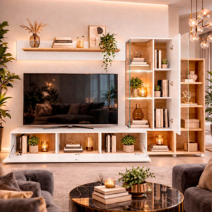 Parete Attrezzata Mobile TV Vetrina LED Living Mensola Vani Multifunzione Design Contemporaneo Arredo Casa 240 x 40 x 145 Cm Bianco Rovere E Scuro